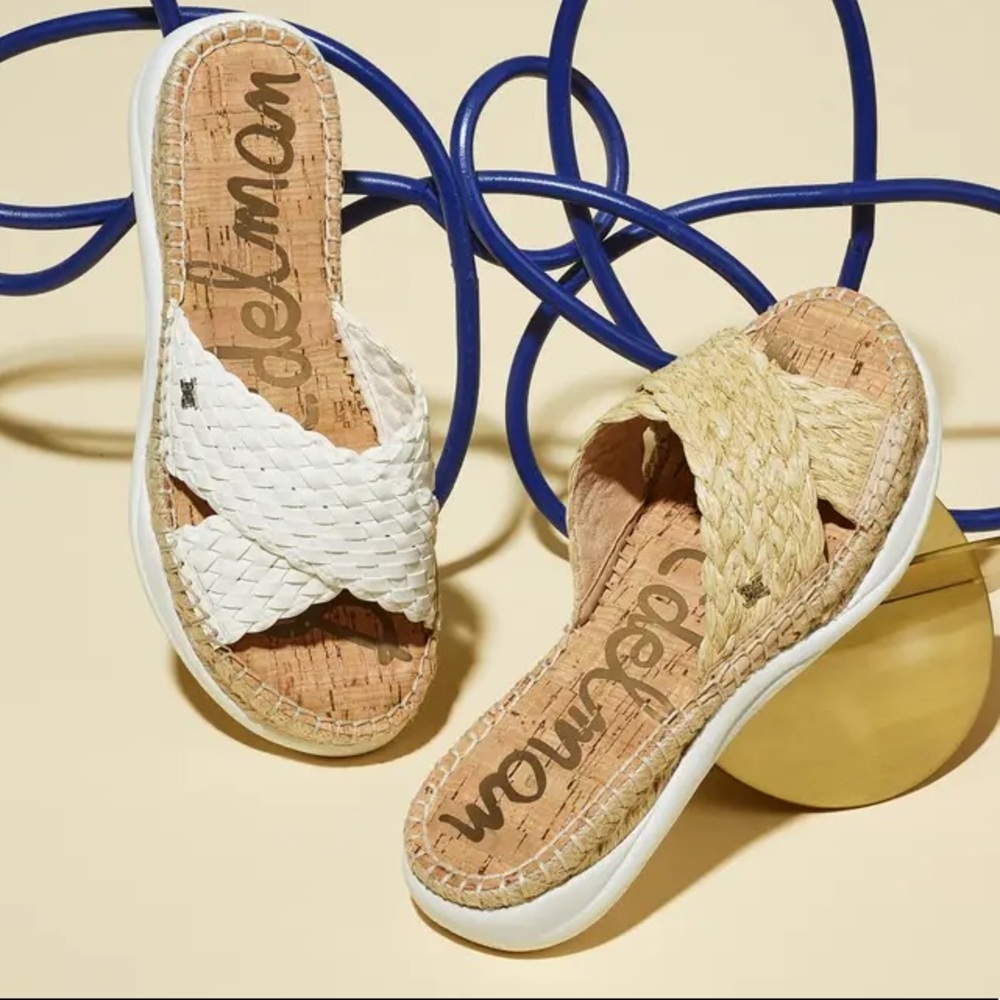 Sam Edelman Natural Braided Raffia Cross Strap Slide Sandals - Jovie.
